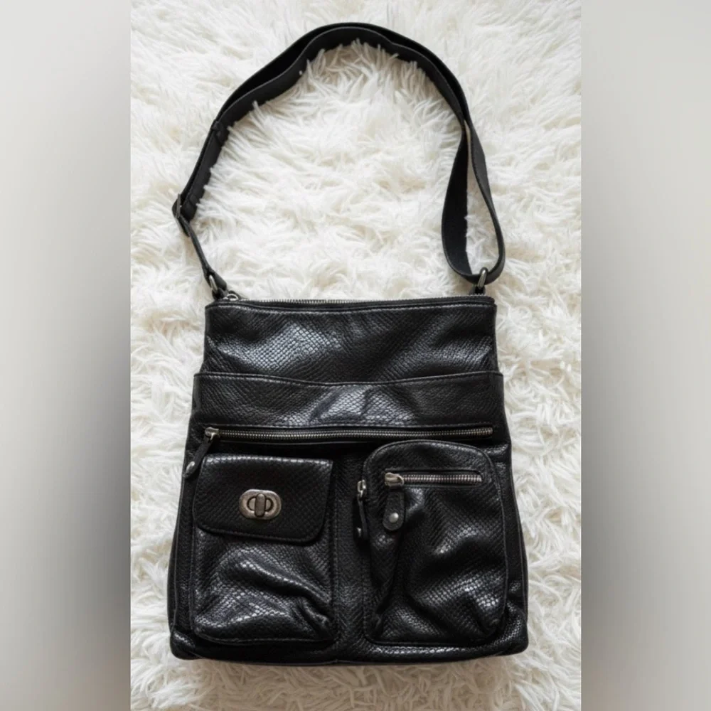 Brighton Black Leather Faux Snake Skin Multi Compartment Crossbody Shoulder Bag